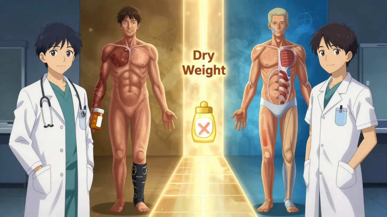 Three healthcare providers guiding patient toward balanced health with symbolic tools.