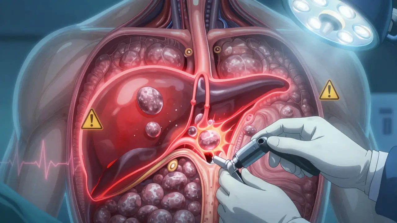 Transparent gallbladder with stones blocking the duct, surgeon using laparoscopic tools in a glowing medical scene.