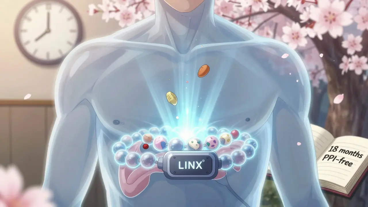 Transparent human torso with magnetic LINX device blocking acid, journal showing 18 months PPI-free, cherry blossoms falling.