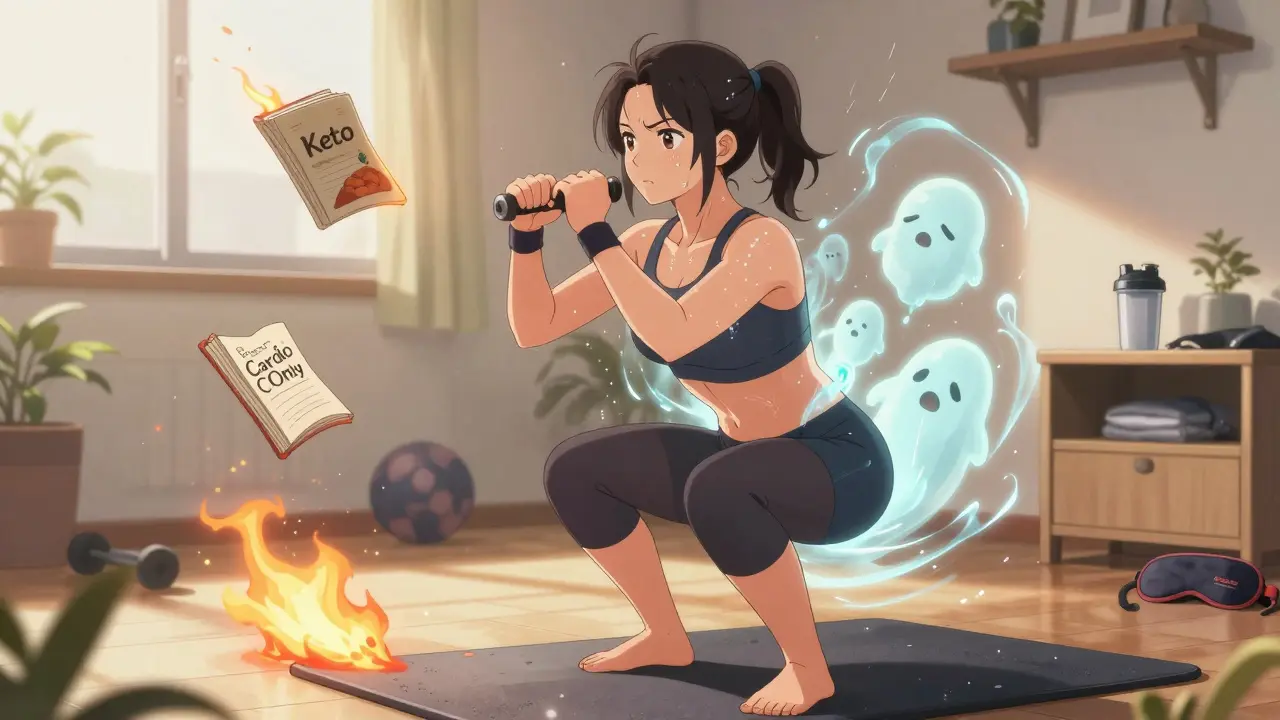 Woman doing squats at home, energy waves from muscles, fat blobs shrinking as old diet myths burn nearby.