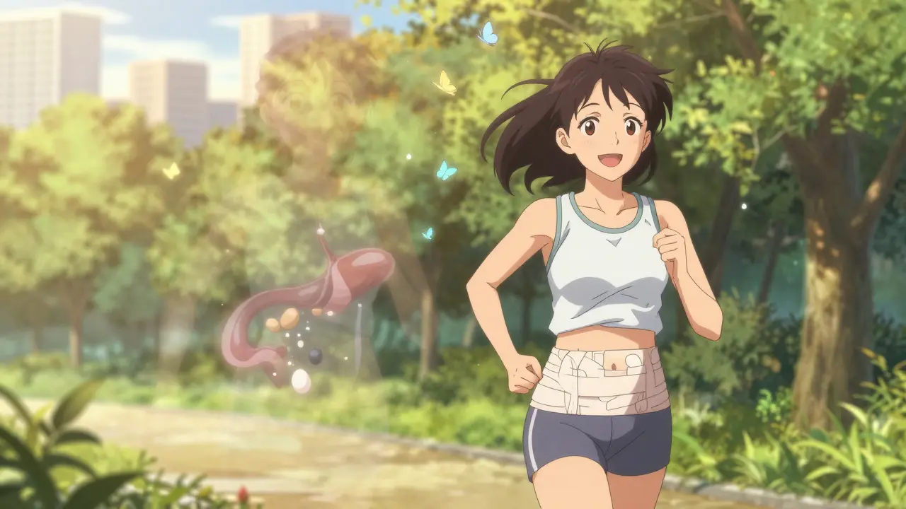 Woman jogging happily after gallbladder surgery, ghostly gallbladder fading into butterflies behind her.