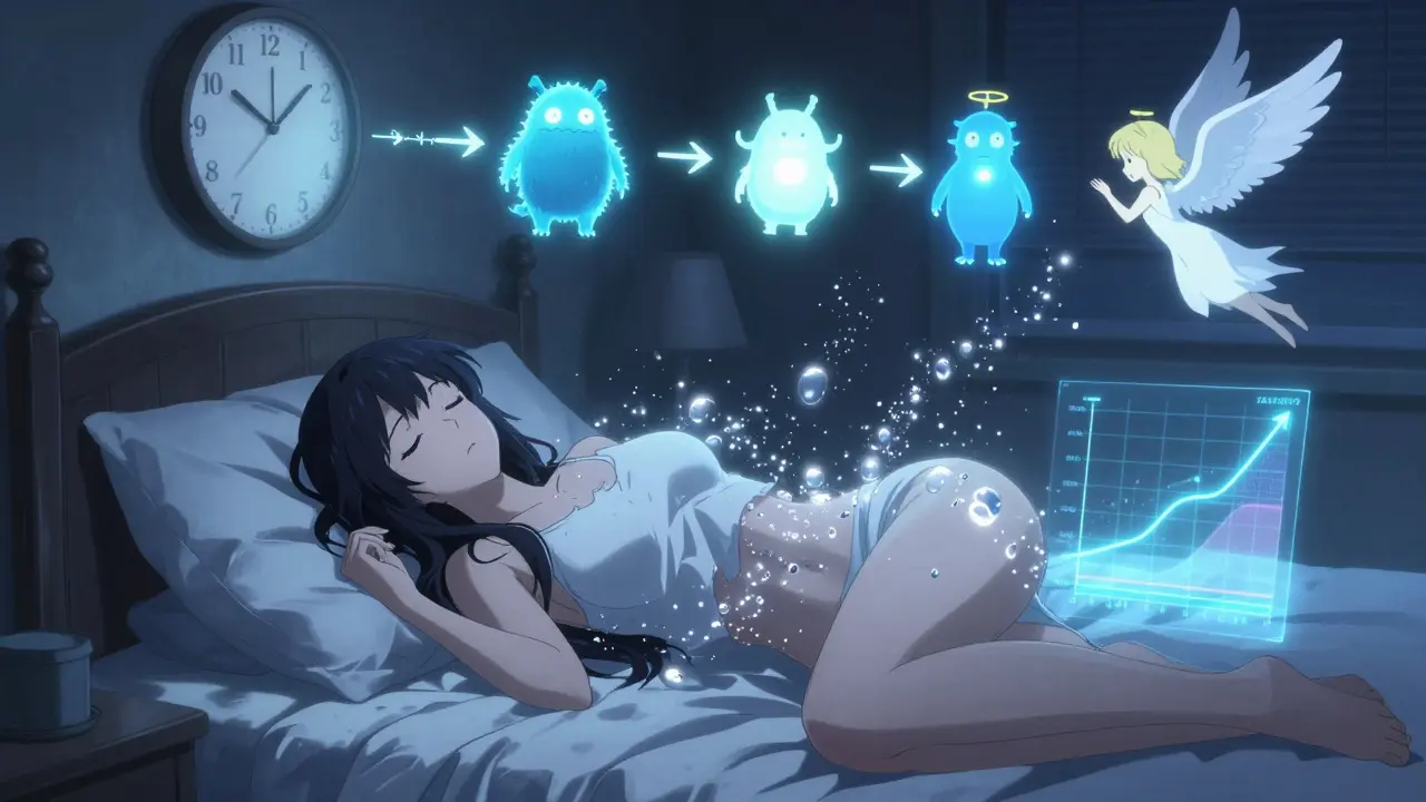 Woman sleeping peacefully as sleep particles improve hormones, waistline narrowing with glowing metabolic chart.