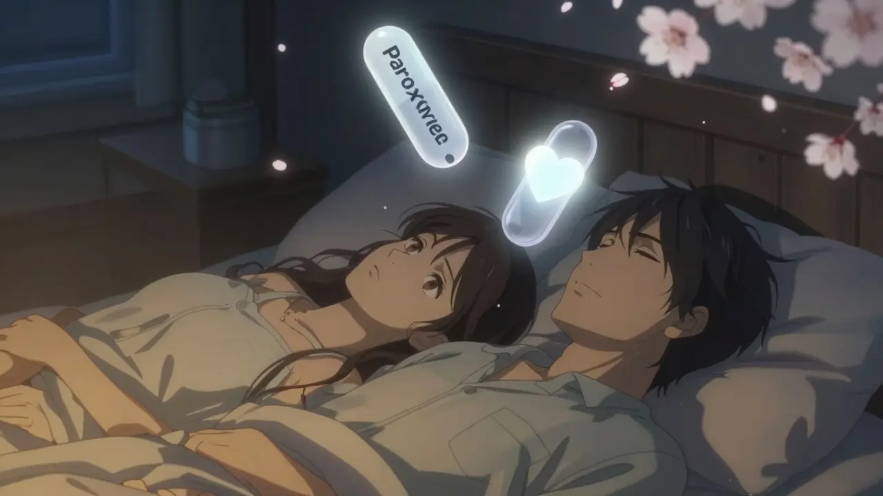 A couple in bed at night with floating pills above them, representing sexual side effects and hope.