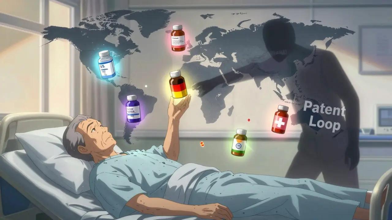 A global map of pill bottles floats above a hospital bed, with colored halos showing price and quality differences between countries.