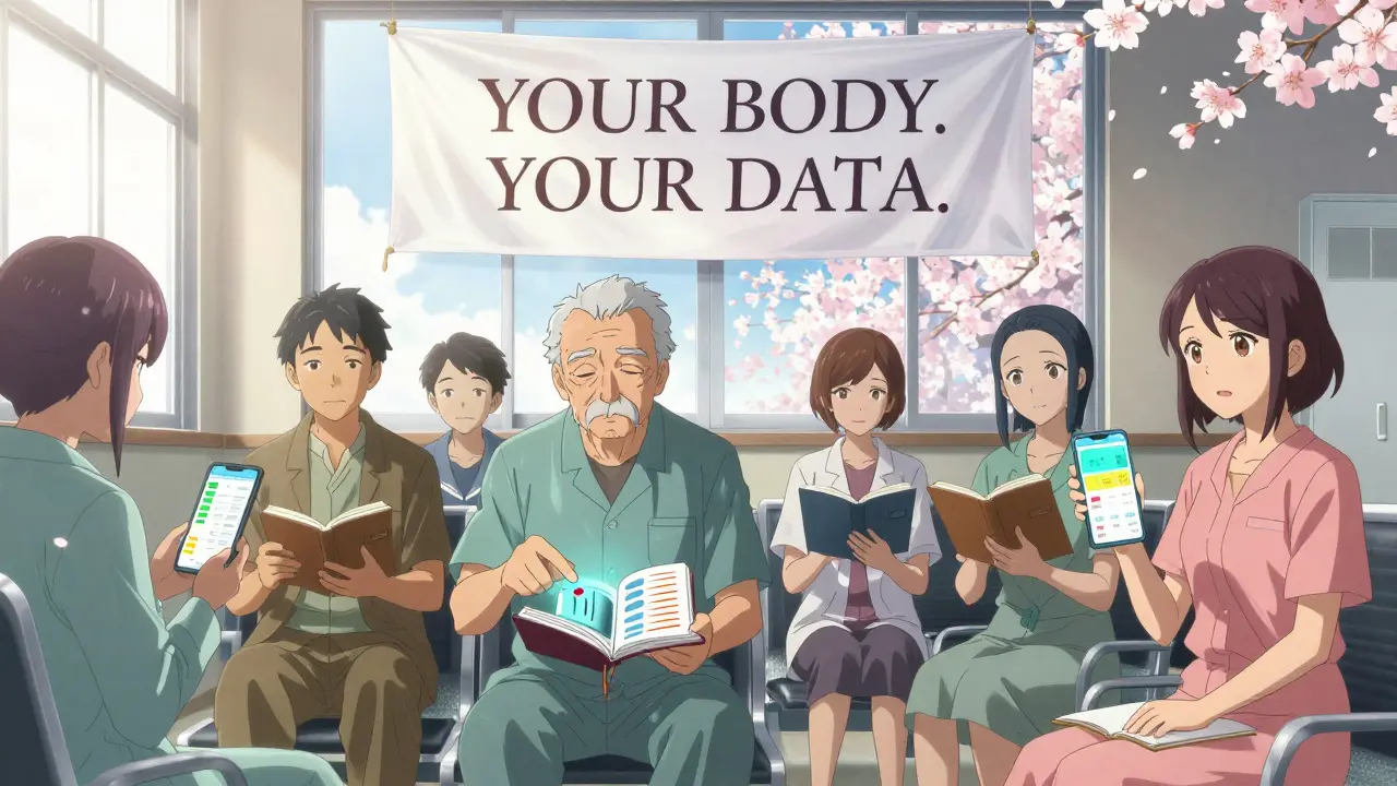 A group of patients in a clinic holding journals and phones, showing personalized medication tracking data.