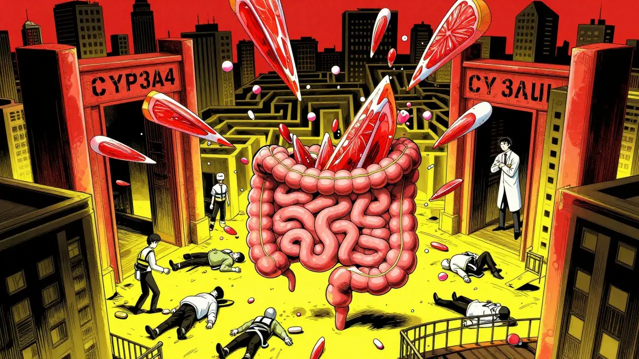 A human intestine as a city where enzyme bouncers are down as grapefruit shards flood the bloodstream with excess drugs.