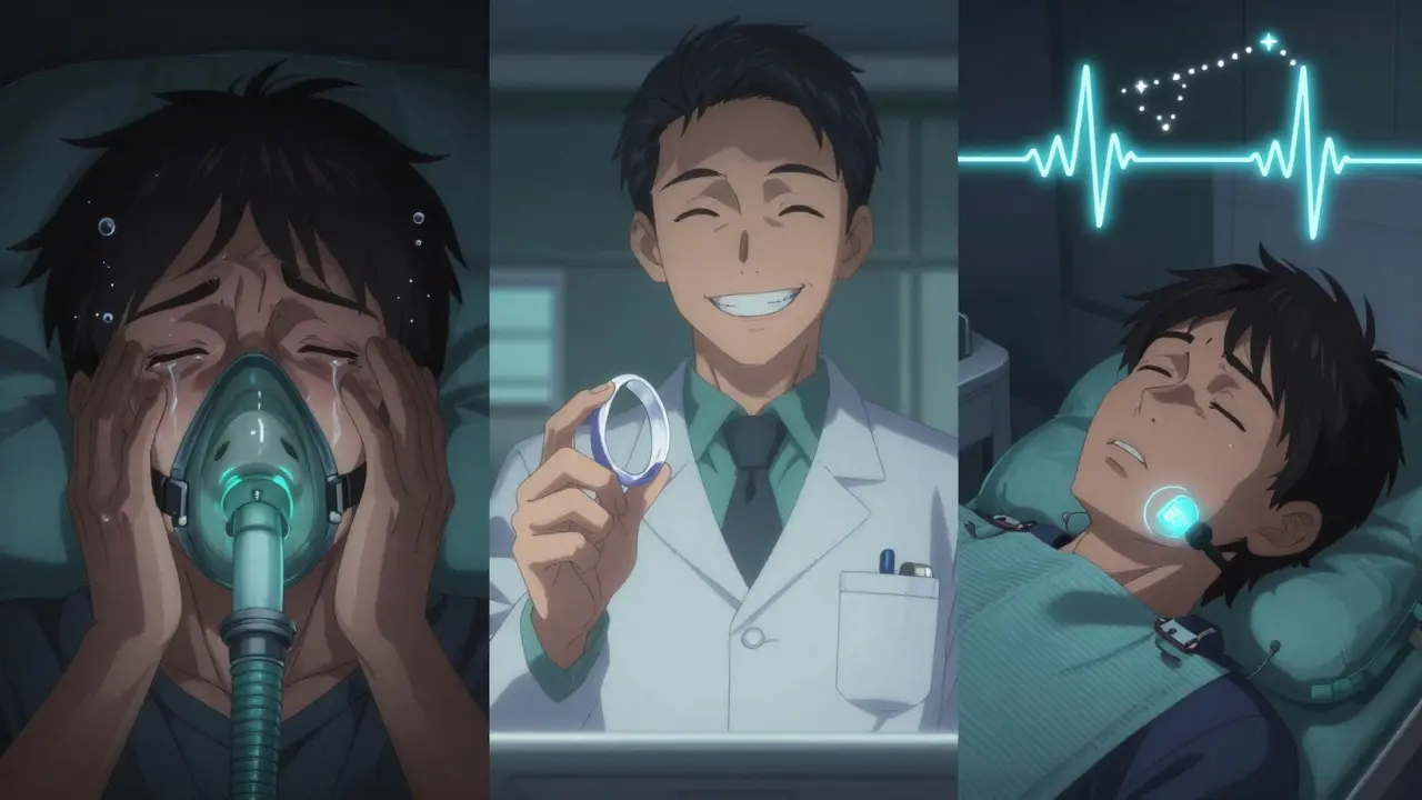 A journey from CPAP struggle to oral appliance and implant success, shown in three emotional panels.