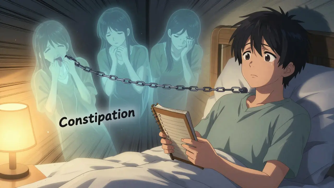 A patient journaling side effects at night, with ghostly versions of themselves fading except one chained by constipation, under soft bedside light.