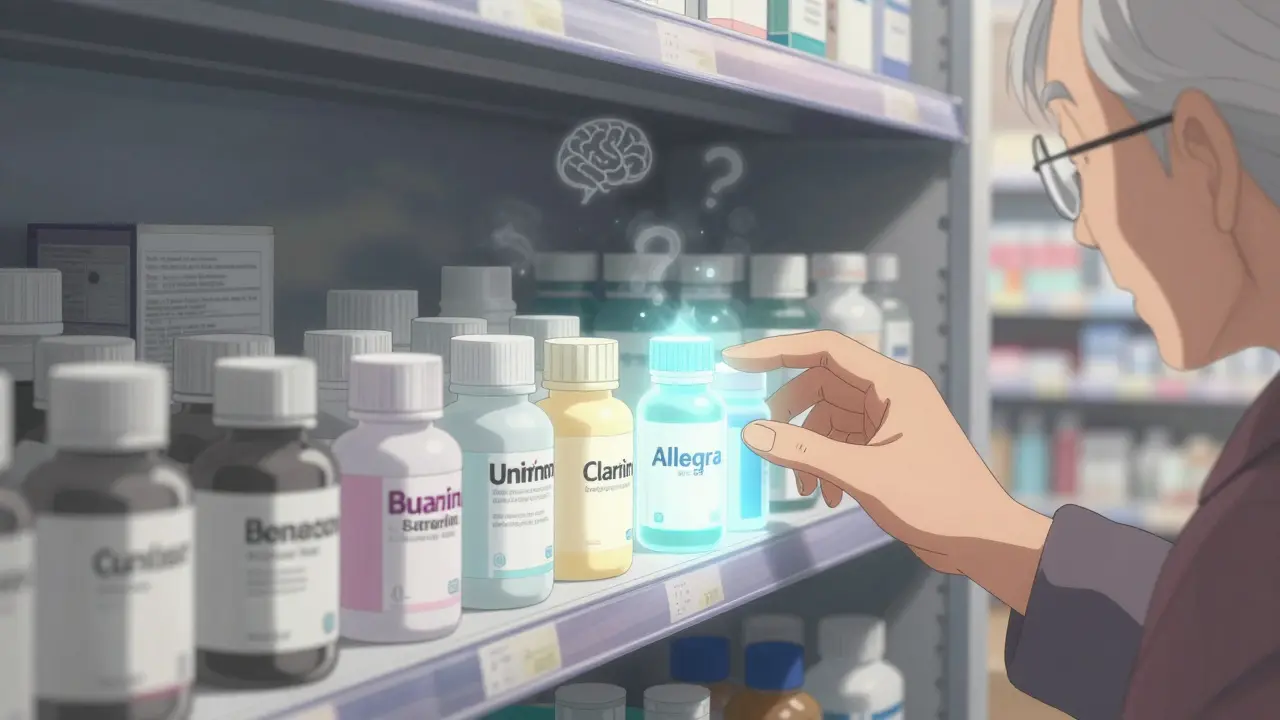 A pharmacy shelf where safe allergy meds glow brightly while older ones fade into grayscale.