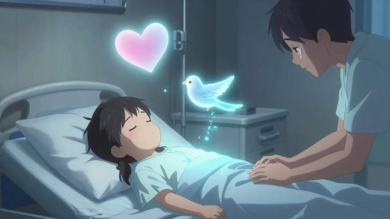 A sleepy child on a hospital bed, held by a parent, with soft glowing symbols of comfort floating above them.