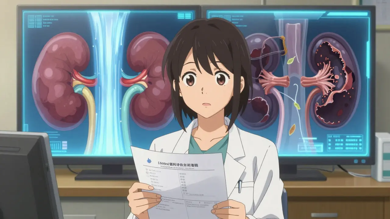 A woman receives test results as two visions of her kidneys appear behind her — one healthy, one damaged.