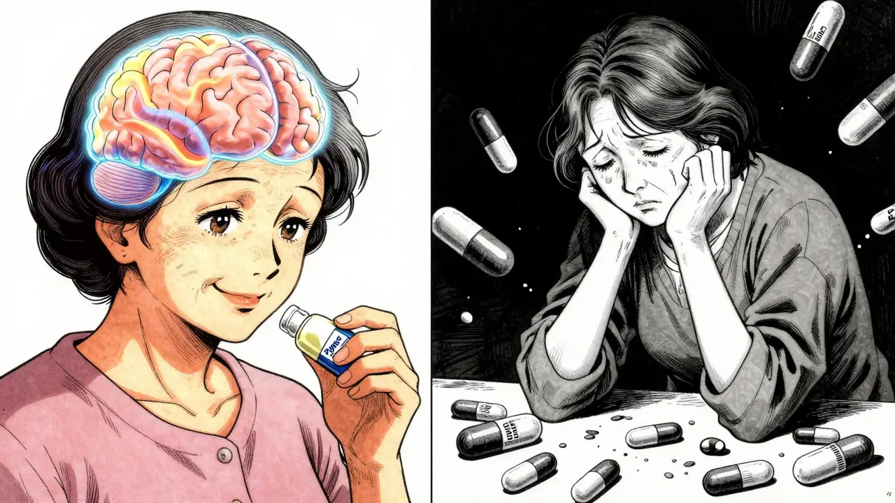 A woman taking Zyrtec with healthy brain glow vs. same woman years later surrounded by shadowy sleep pills.