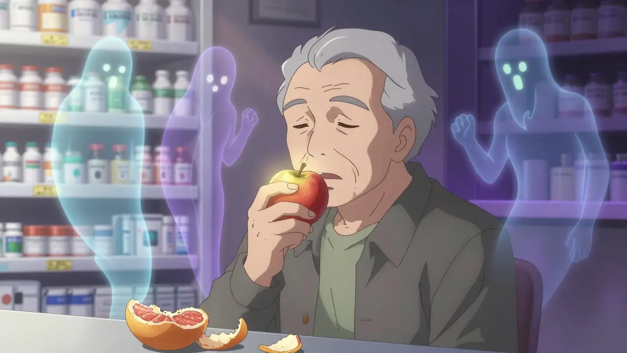 An elderly person eating an apple while dangerous drug specters fade away, symbolizing a safe alternative to grapefruit.