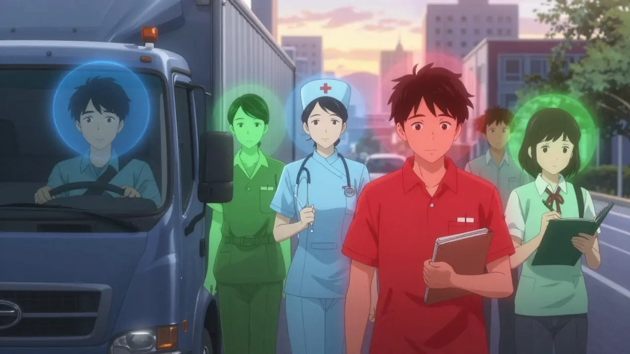 Diverse professionals with color-coded halos showing different antihistamine effects.