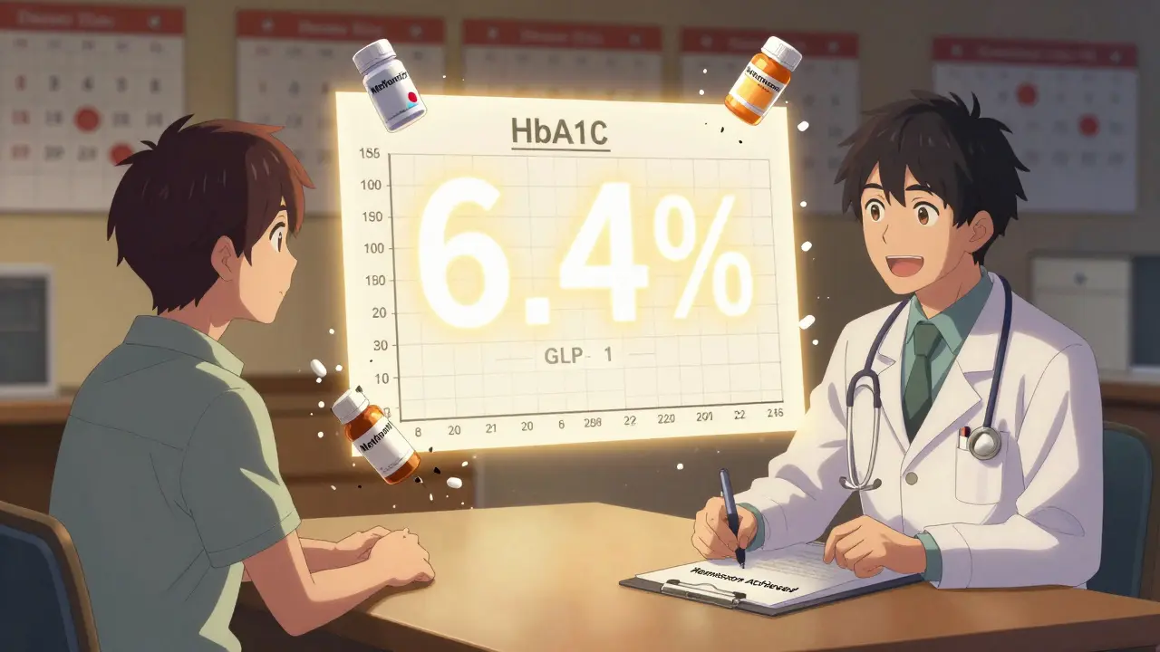 Doctor and patient celebrating remission as diabetes medications dissolve, with HbA1c reading below 6.5%.