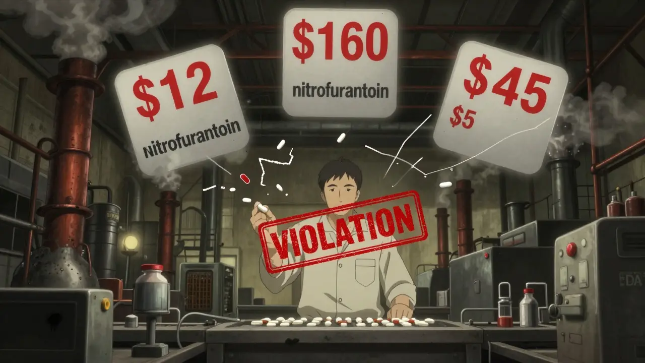 Generic drug factory in India with FDA violation stamp and price spikes floating above production line.