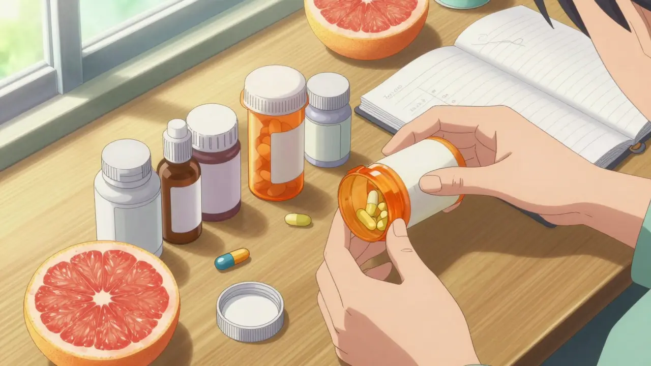 Organizing medications on table with pill bottles and supplements