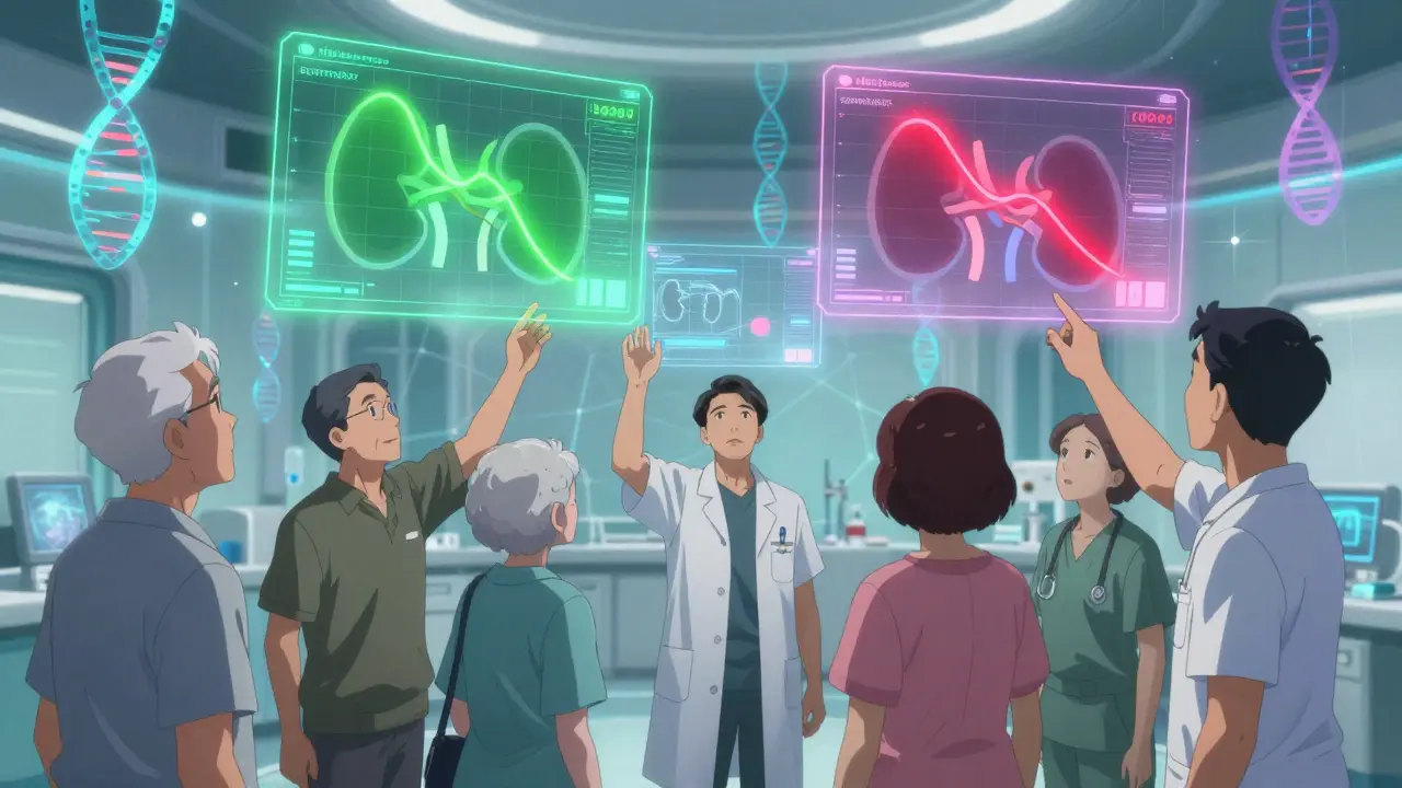 Patients in a futuristic clinic view holographic kidney forecasts, with AI and genetic data glowing around them.