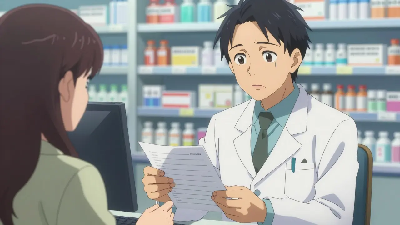 Pharmacist checking medication list with patient at pharmacy counter