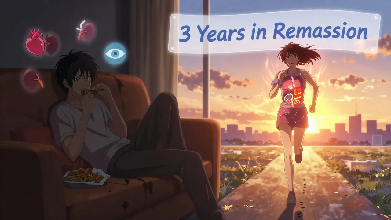 Split image showing the contrast between diabetes complications and a person thriving in remission after weight loss.