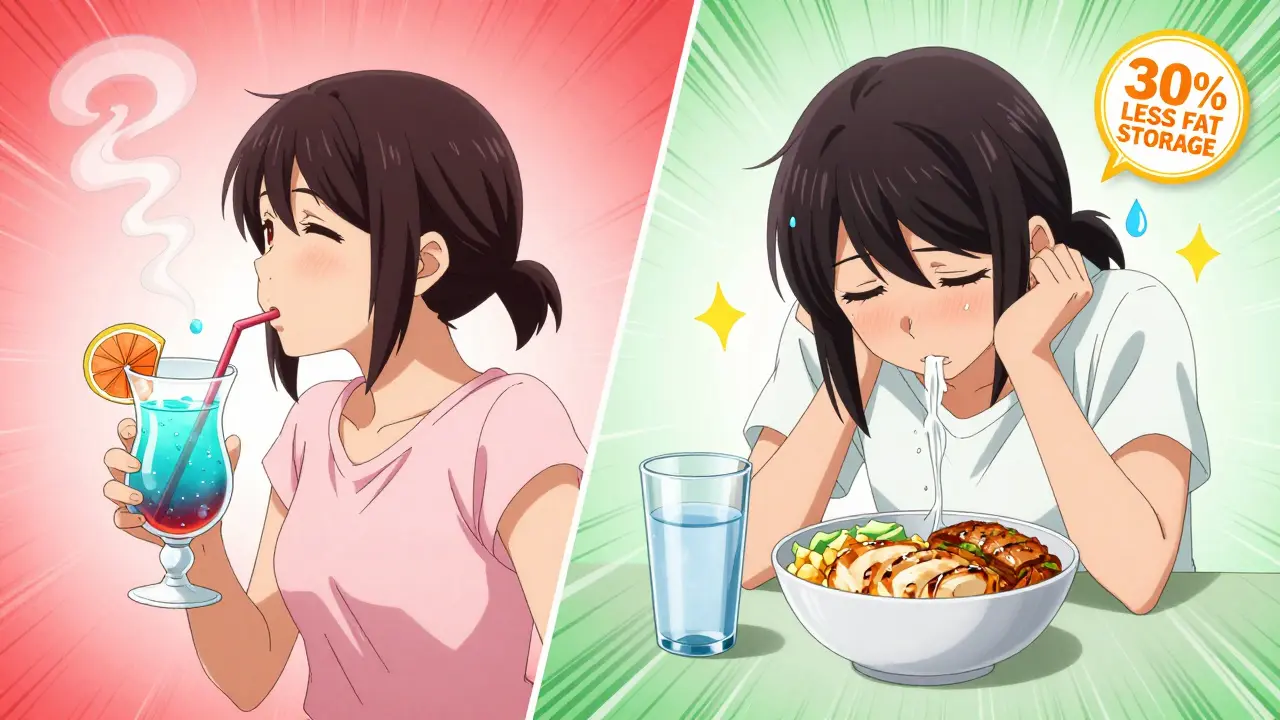 Split scene: person drinking sugary cocktail vs. eating protein shake with health badge.