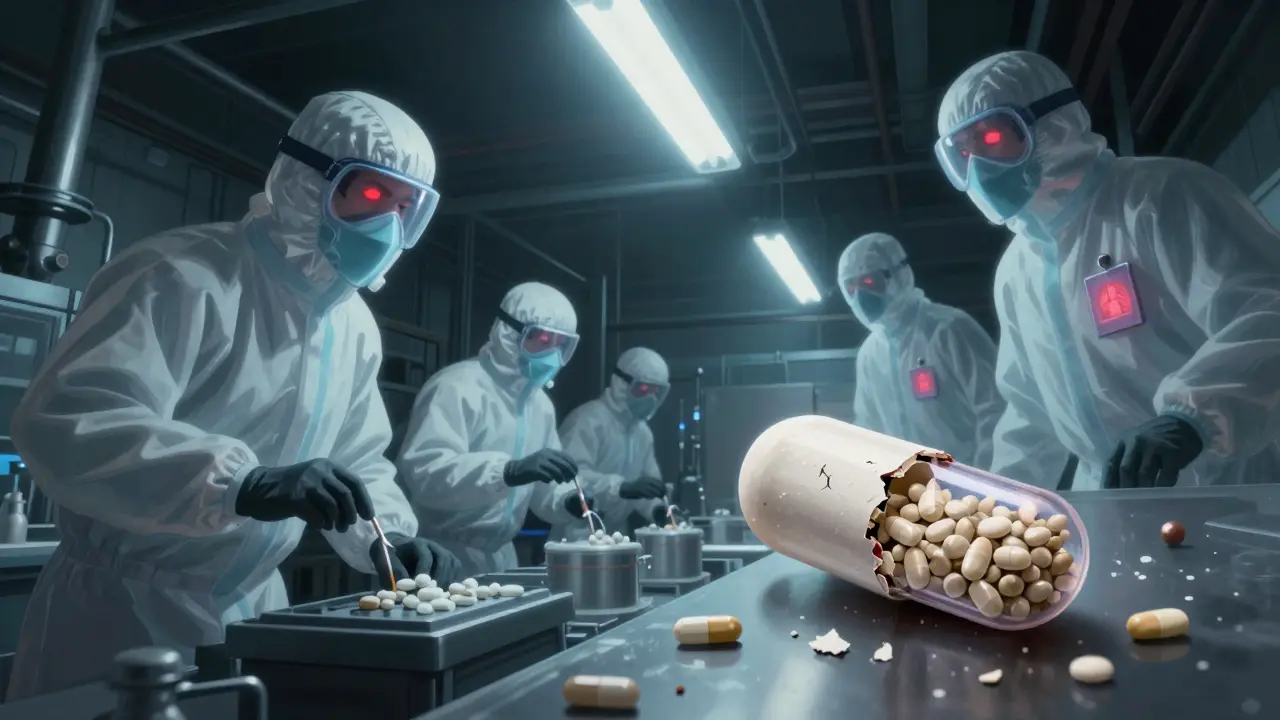 Workers inspect generic pills in an Indian factory as ghostly FDA inspectors hover above, one pill cracking to reveal poor-quality filler.