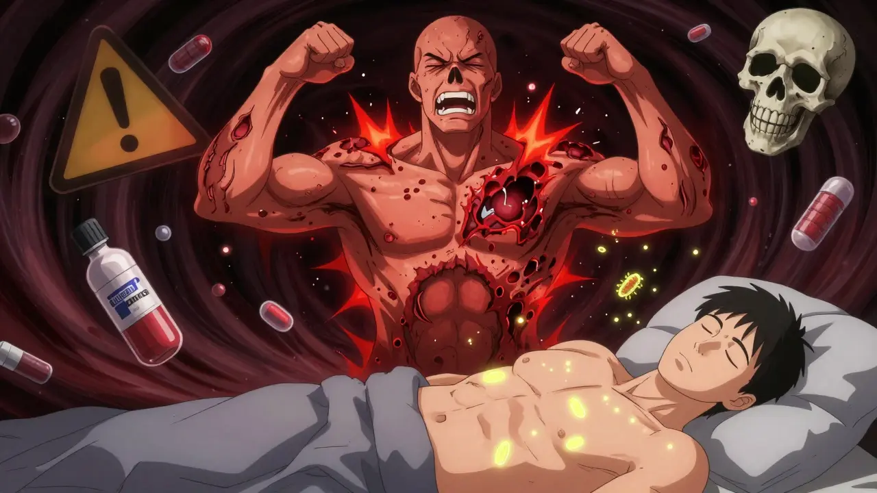 A bodybuilder with severe ulcerated lesions, contrasted with a peaceful version of themselves covered in beneficial bacteria.