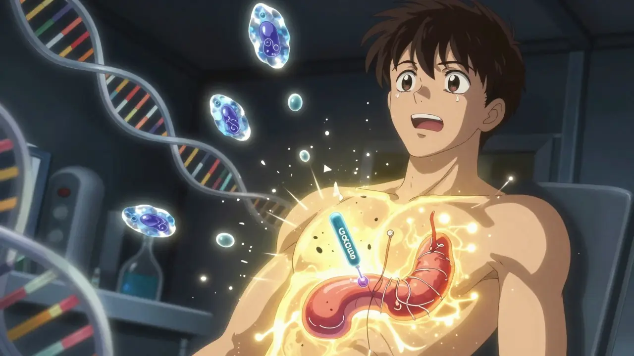 A glowing lab scene showing islet cells being implanted into a pancreas, with bioluminescent particles and shattered antibodies.