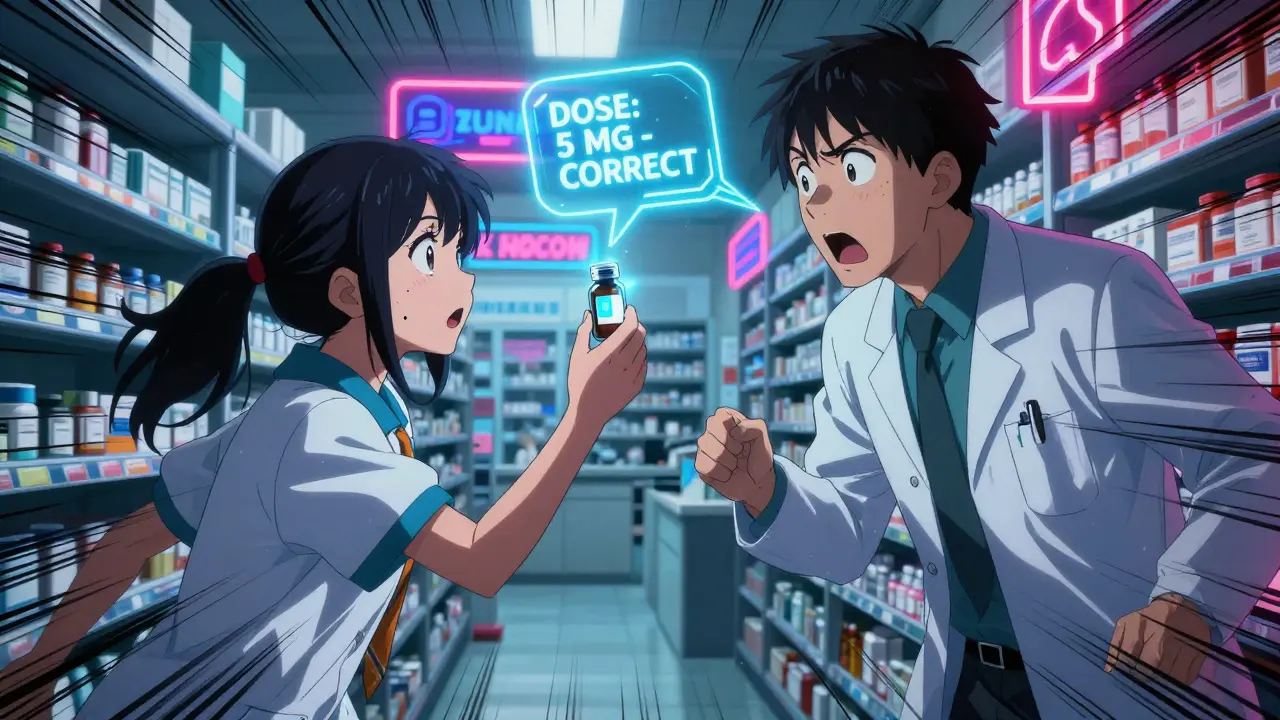 A patient and pharmacist in a pharmacy, facing each other as a holographic dosage message floats from a pill bottle.