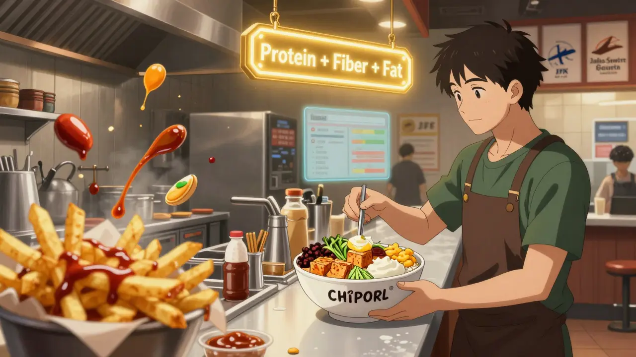 A split scene showing unhealthy fast food vs. a balanced customized bowl at an airport restaurant.