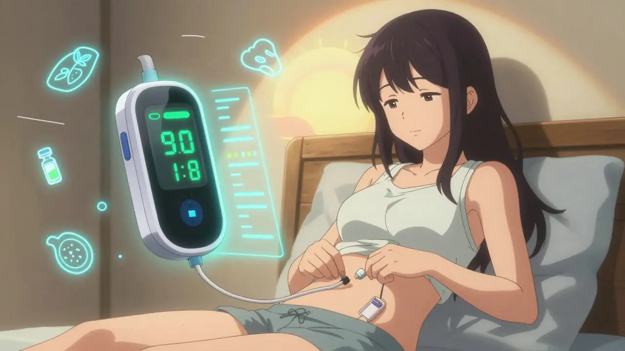 A young woman calmly using an insulin pump with a glowing continuous glucose monitor displaying real-time data.