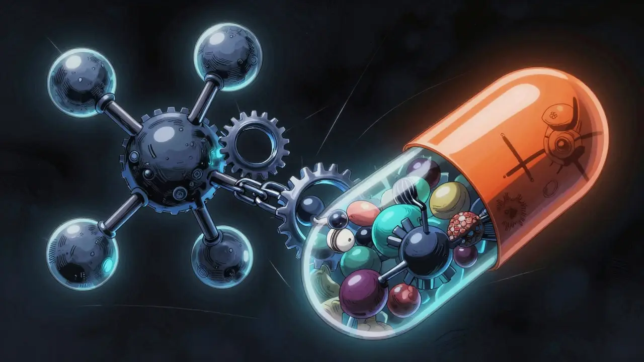 Abstract art of two molecular structures locked inside one capsule.
