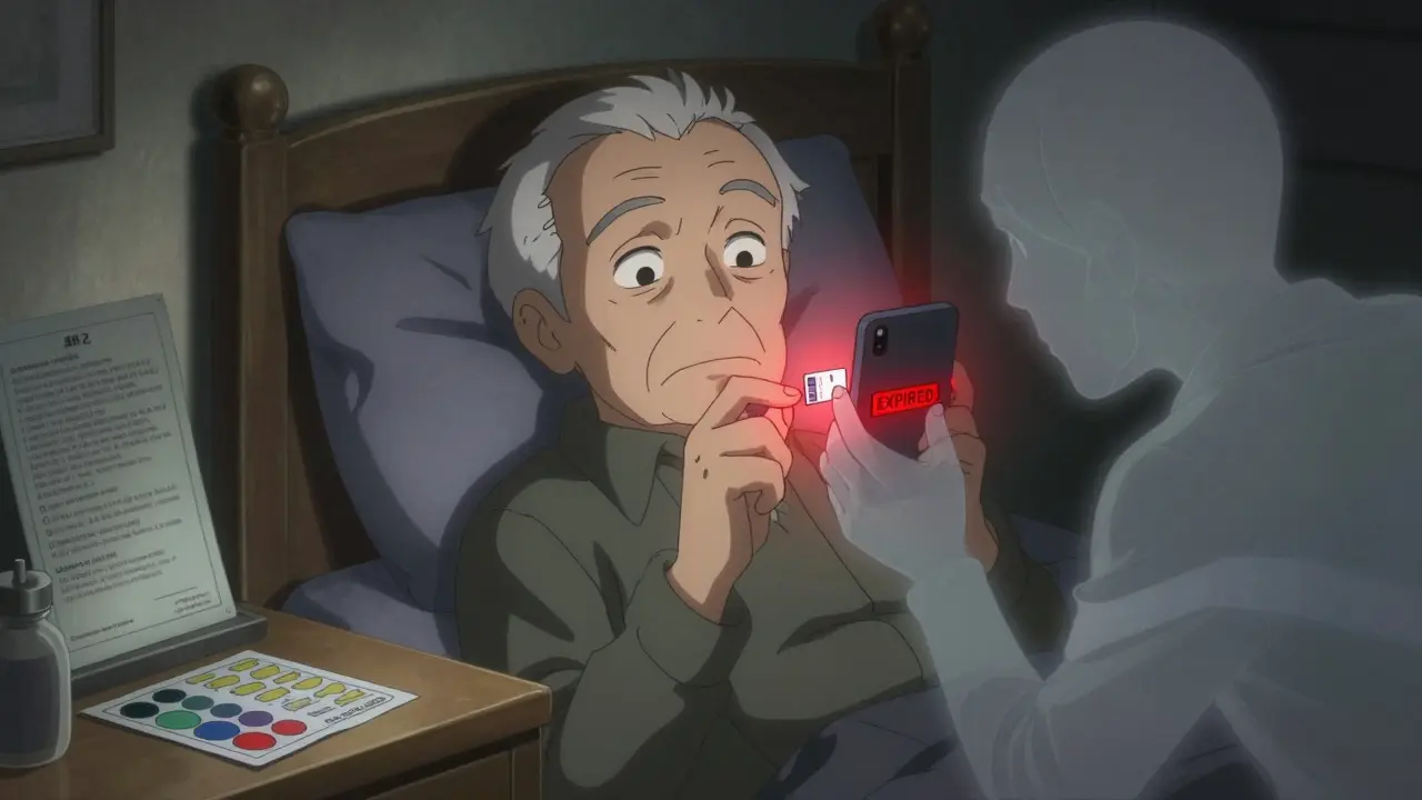 An elderly man uses his phone to read a tiny label, with a glowing expired warning and new large-print labels nearby.