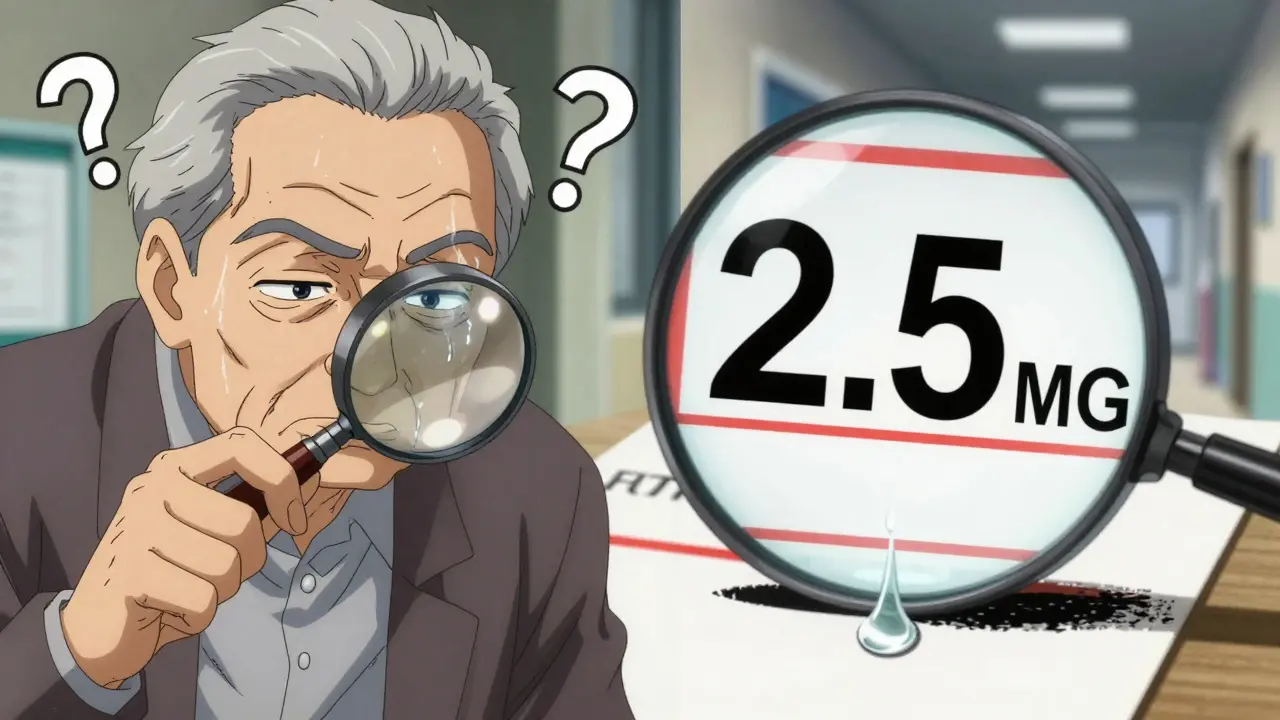 An elderly man using a magnifying glass to read a blurry prescription label, with a clear, glowing version beside it.