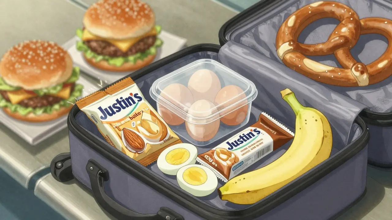 An open carry-on bag filled with smart travel snacks: protein bar, nut butter, and hard-boiled eggs.