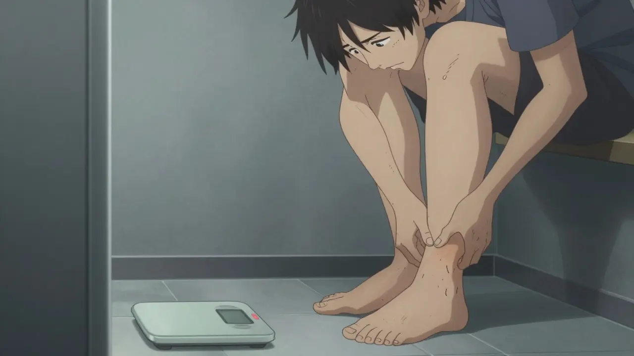 Character checking swollen ankle in bathroom mirror near scale