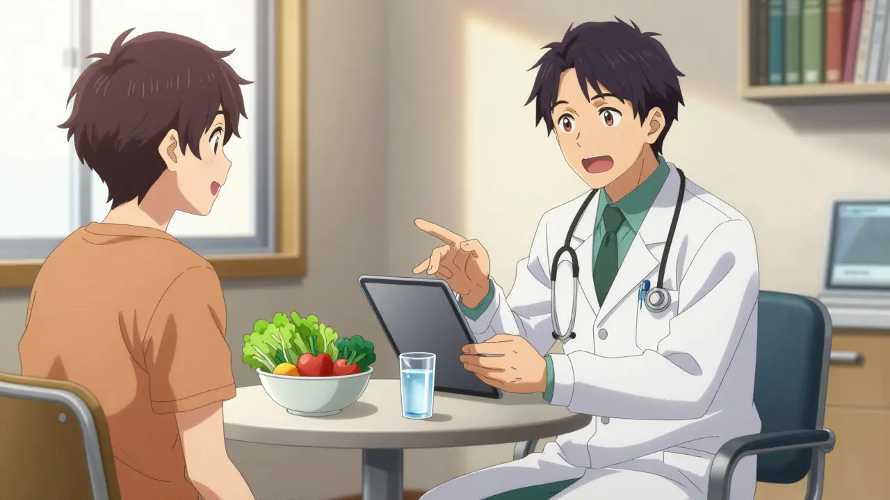 Doctor and patient consulting with healthy food on table