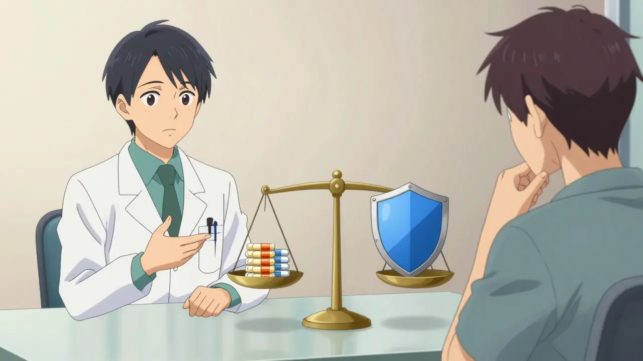 Doctor consulting with patient about medication safety options.