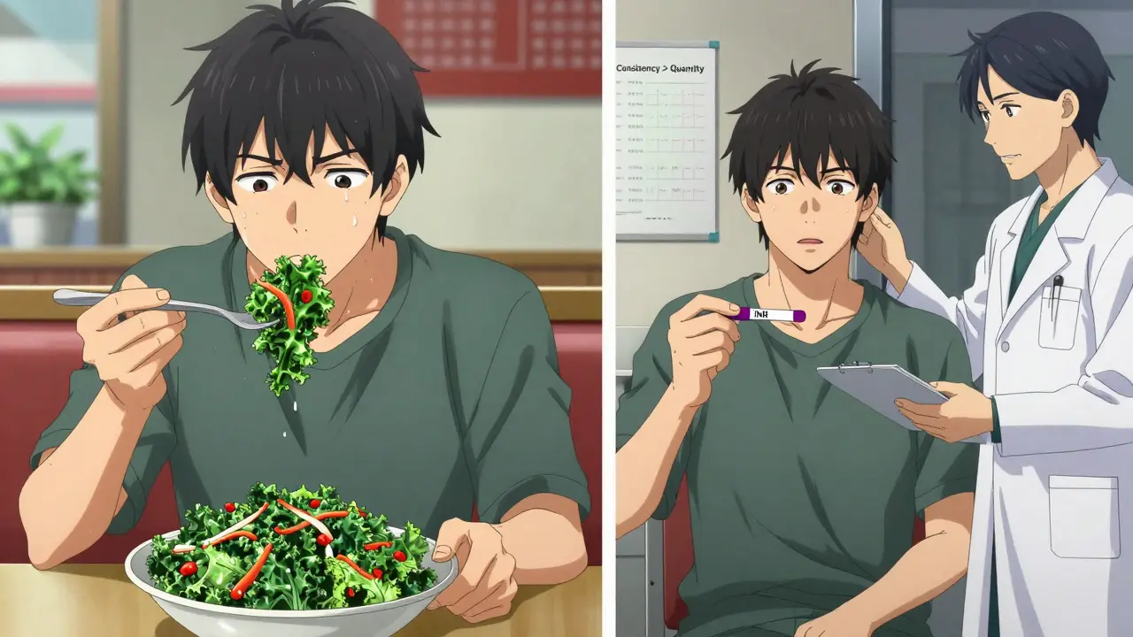 Man's contrasting scenes: eating kale at a restaurant versus receiving low INR results in a clinic.