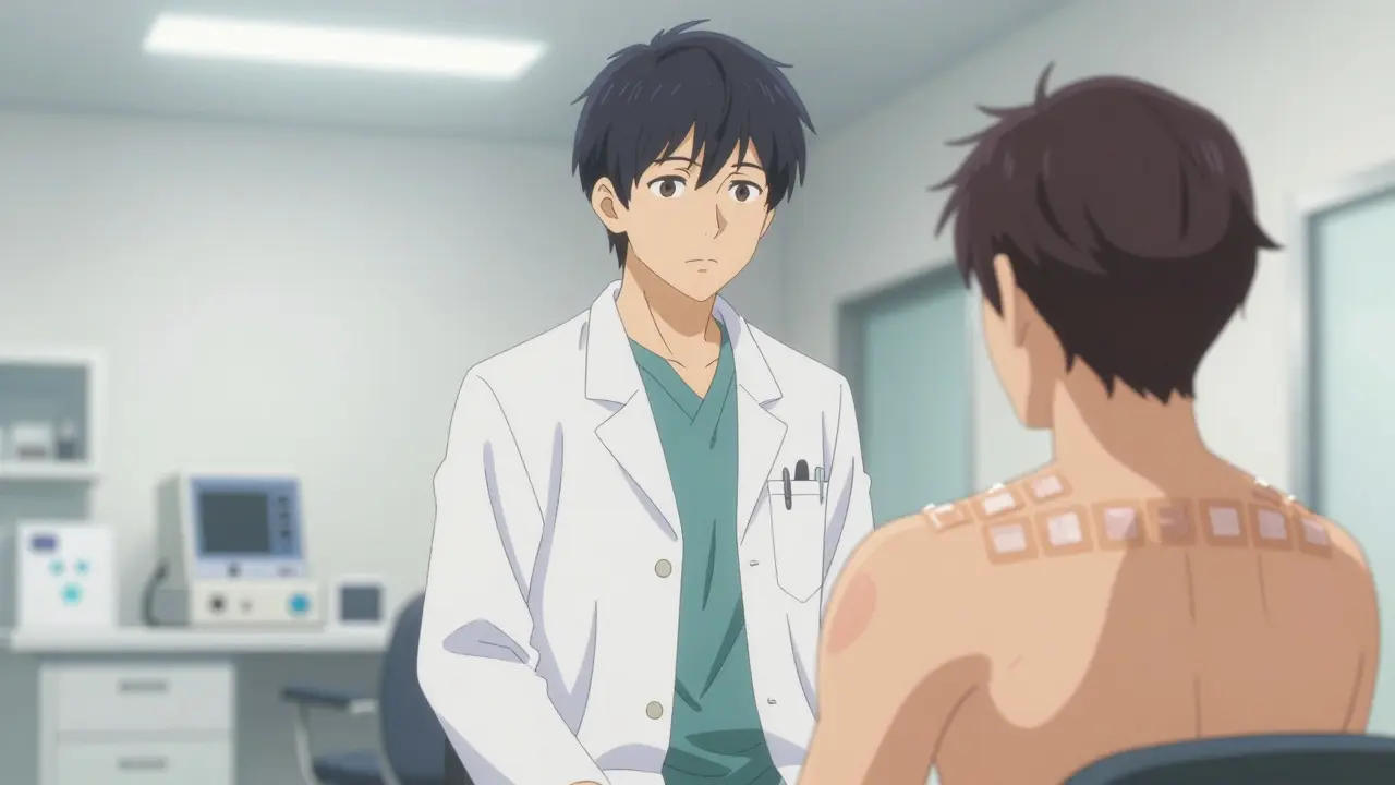 Patient in clinic with adhesive allergy patches on back