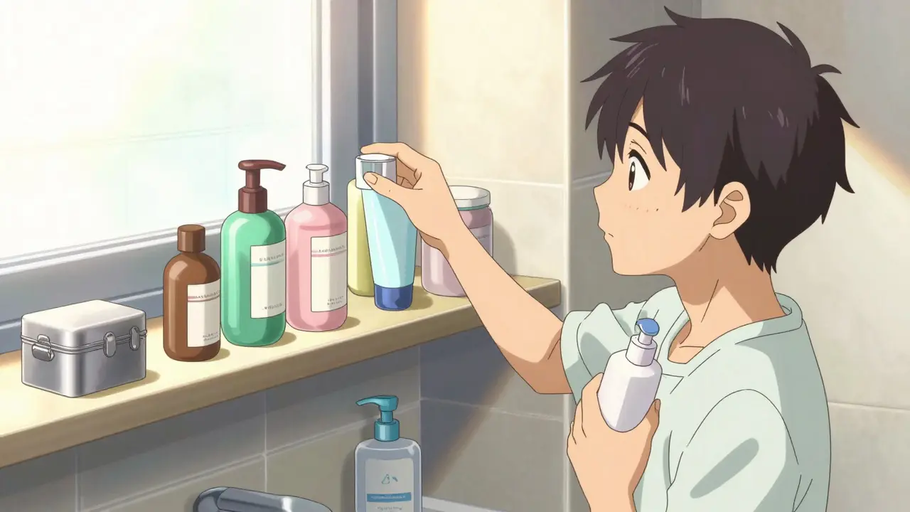 Person arranging safe skincare products on bathroom shelf