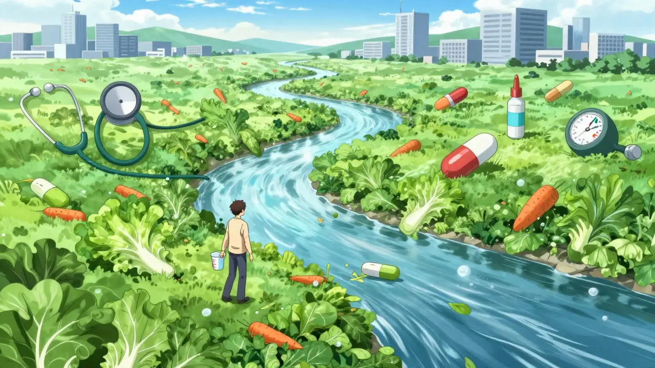 Steady river of greens flowing through a medical city, symbolizing consistent vitamin K intake for warfarin users.