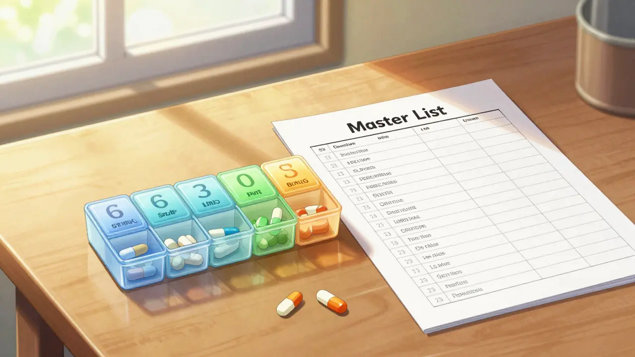 A color-coded pill organizer and a medication list on a sunny table in anime style.