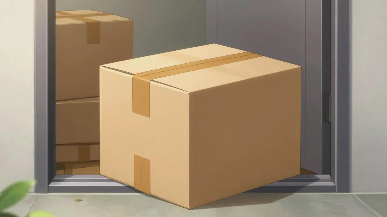 A medicine delivery package on a doorstep in a serene anime setting