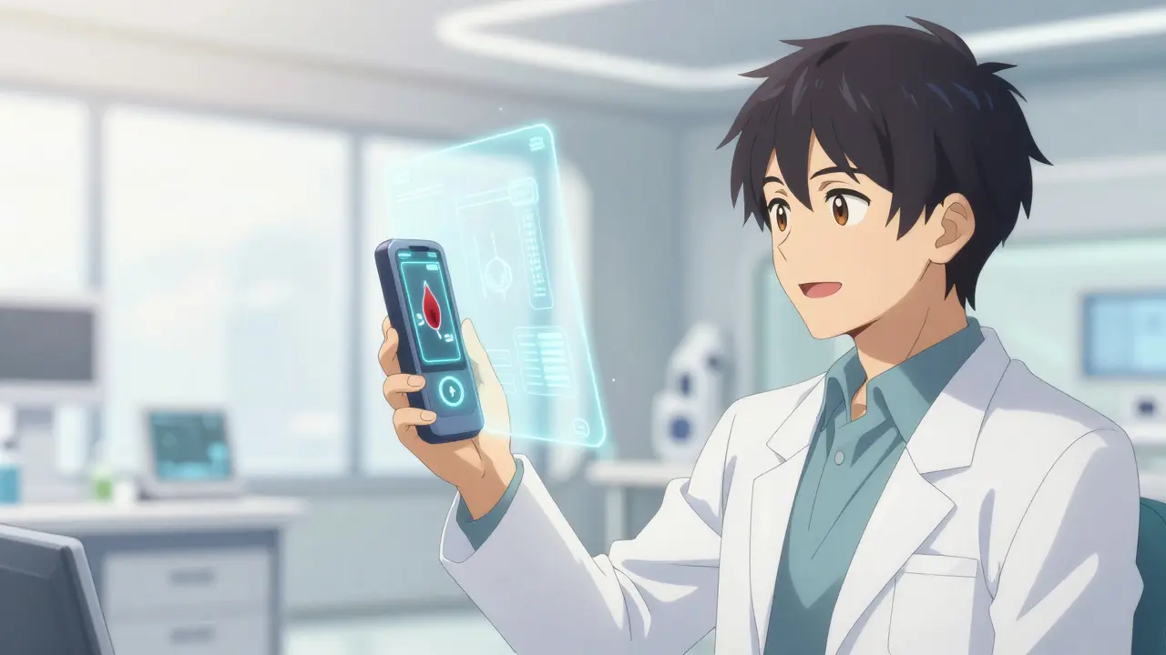A scientist using a holographic device to check blood clotting levels in a futuristic clinic.