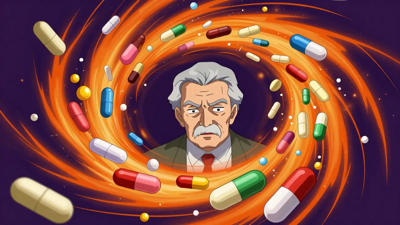 An older adult surrounded by a swirling vortex of various colorful medicine pills.