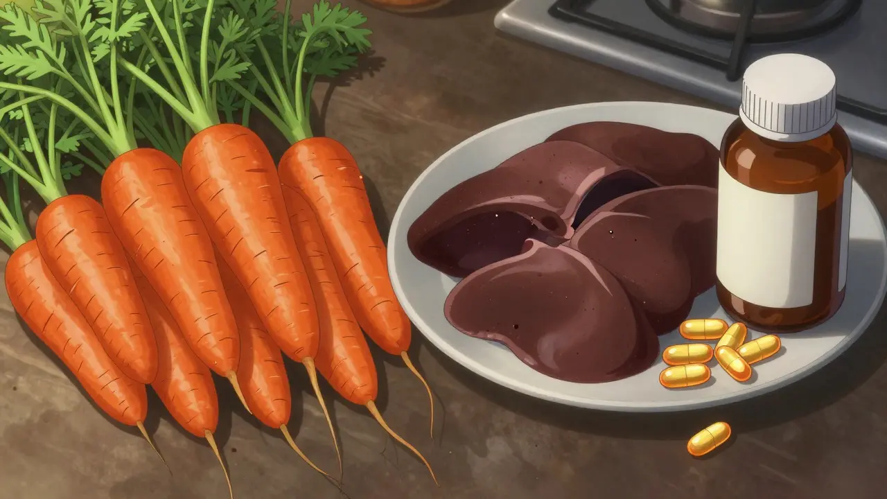 Anime illustration comparing healthy carrots with beef liver and fish oil supplements.