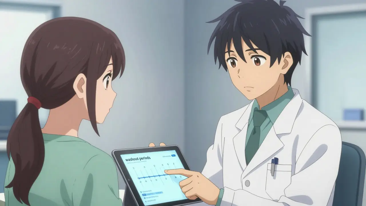 Anime scene of a doctor and patient discussing medication safety and timelines.