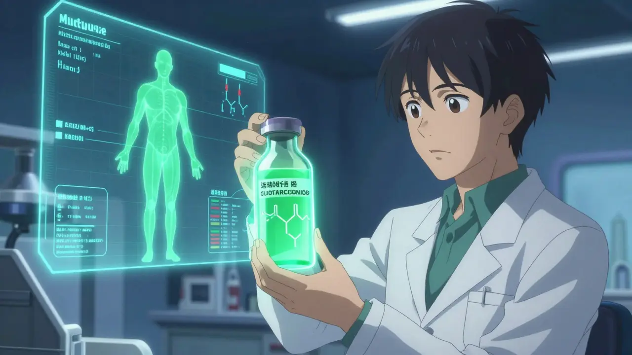 Anime scientist in a futuristic lab holding a glowing green vial with medical holograms in the background.