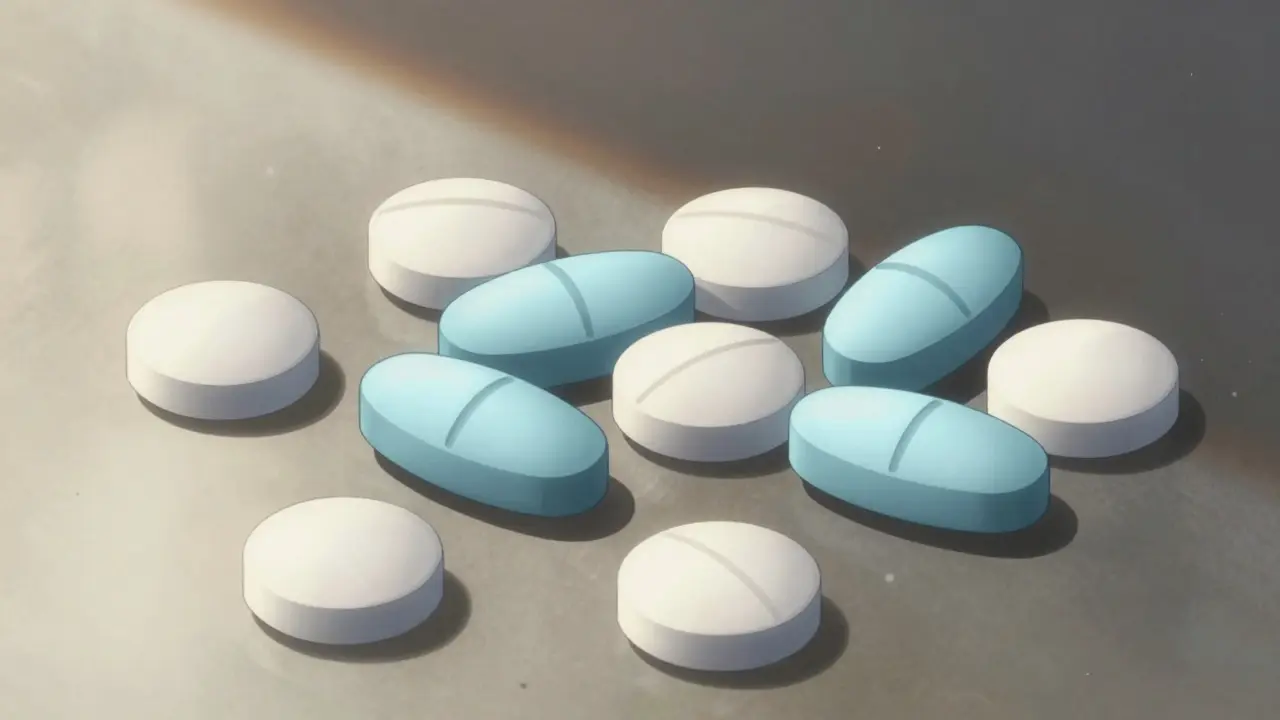 Close up of different colored generic pills spilled on table.
